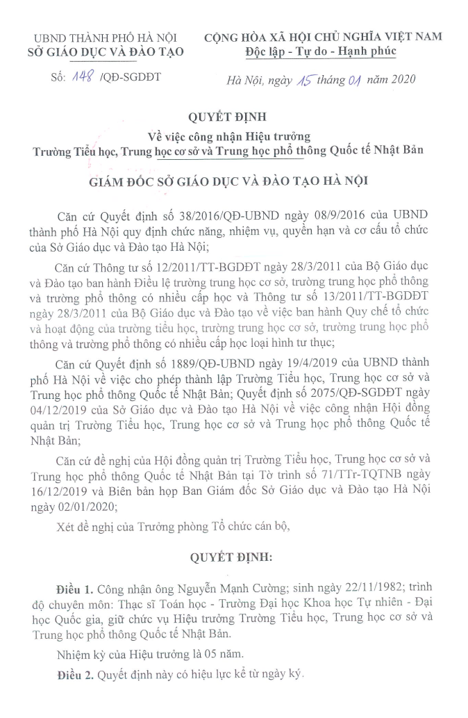 Quyết định về việc công nhận Hiệu trưởng Trường Tiểu học, Trung học cơ sở và Trung học phổ thông Quốc tế Nhật Bản