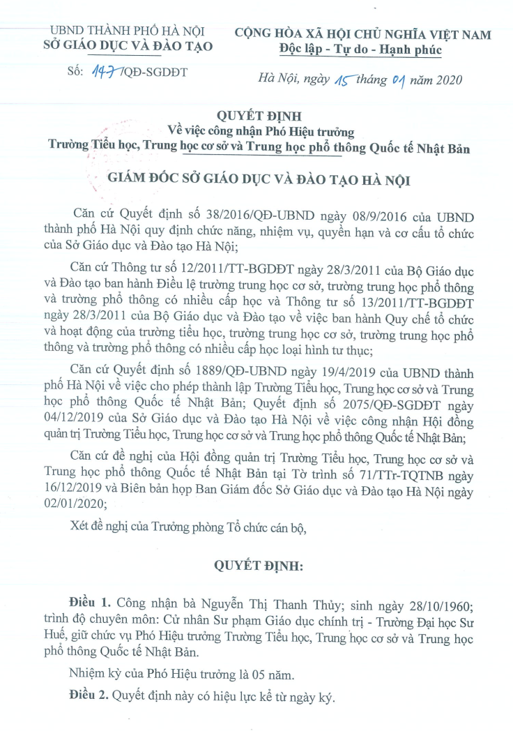 Quyết định về việc công nhận phó Hiệu trưởng Trường Tiểu học, Trung học cơ sở và Trung học phổ thông Quốc tế Nhật Bản