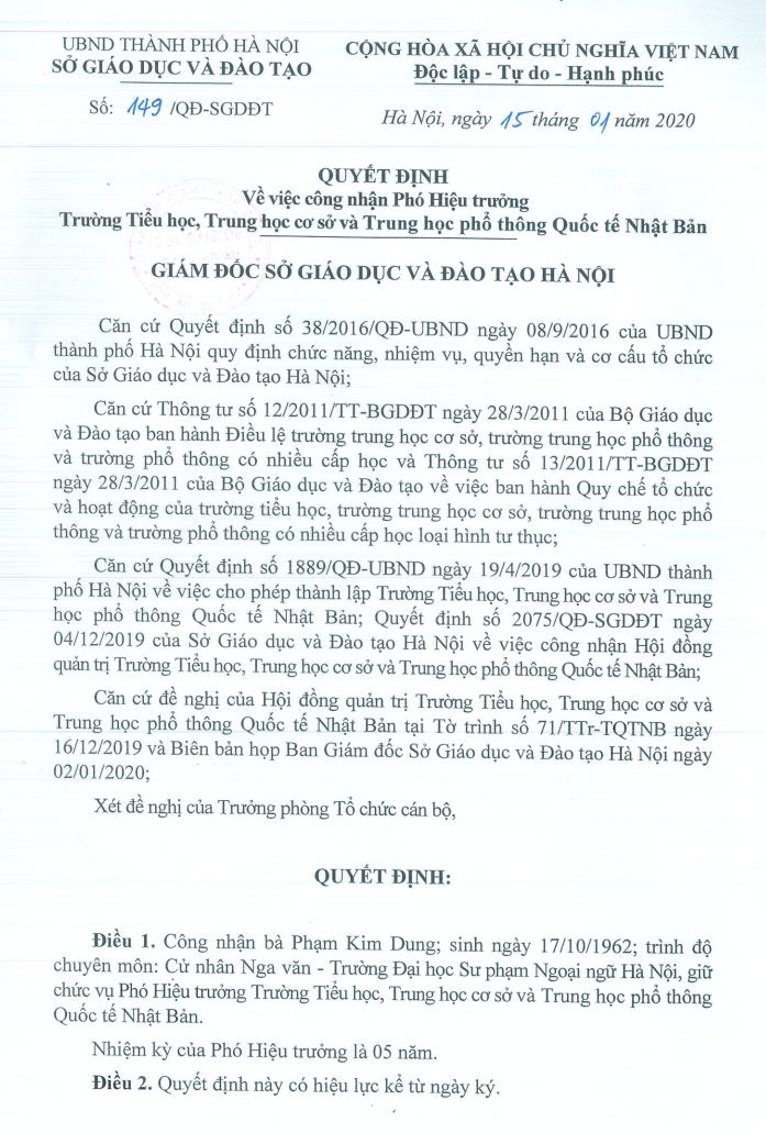 Quyết định về việc công nhận phó Hiệu trưởng Trường Tiểu học, Trung học cơ sở và Trung học phổ thông Quốc tế Nhật Bản