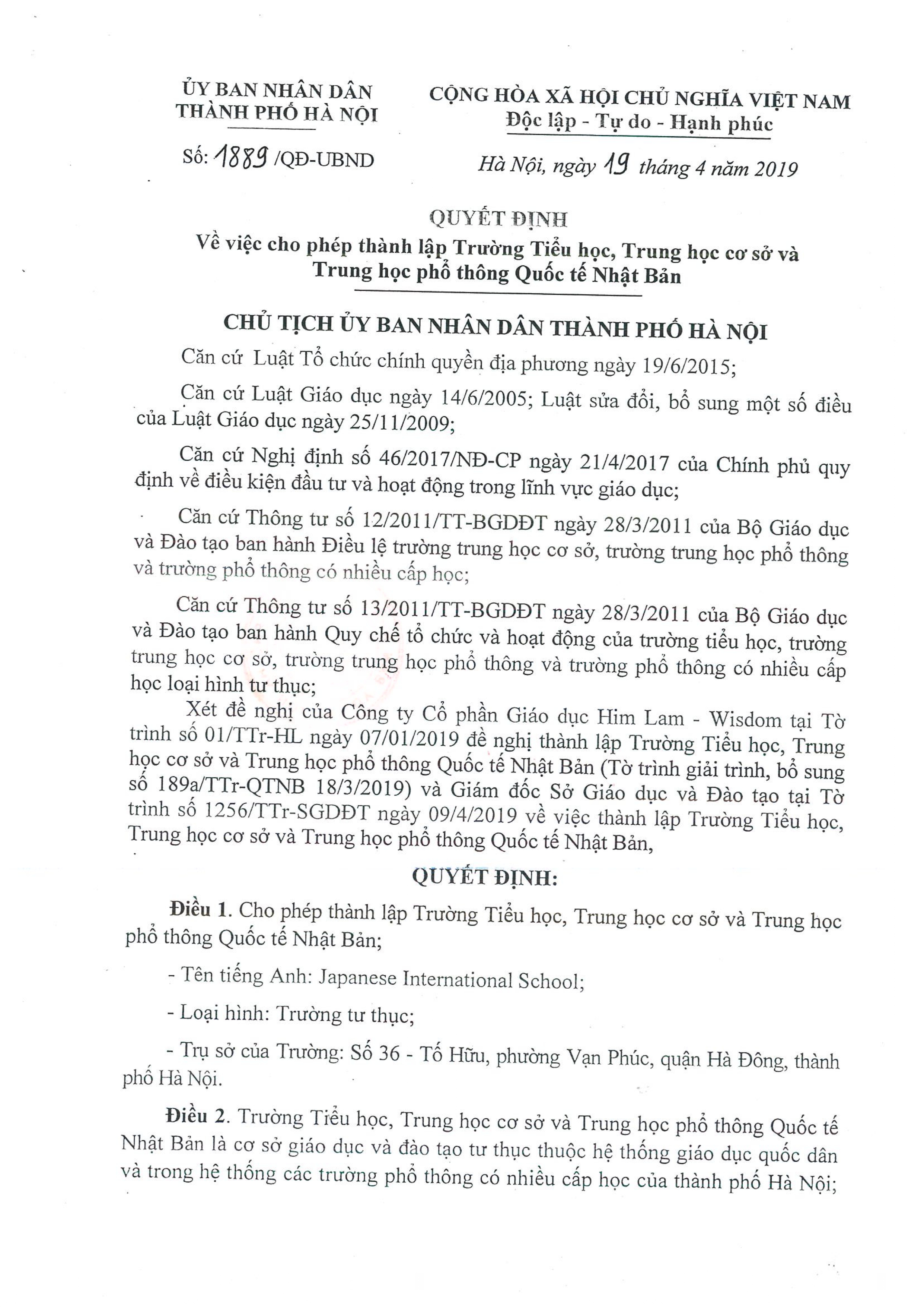 Quyết định cho phép thành lập Trường Tiểu học, Trung học cơ sở và Trung học phổ thông Quốc tế Nhật Bản